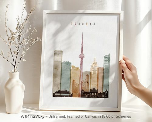 Art print of Toronto skyline featuring iconic buildings and the CN Tower in a minimalist design.