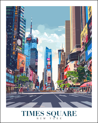 Colorful illustration of Times Square featuring tall buildings and bright advertisements.