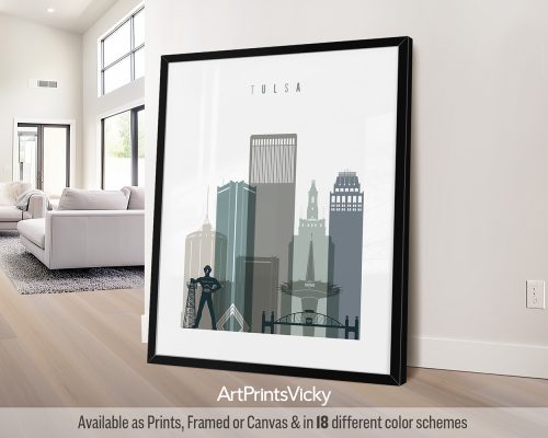 Art print featuring a stylized cityscape of Tulsa with notable buildings and landmarks.