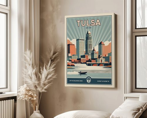 Retro-style poster featuring the skyline of Tulsa, Oklahoma, with a boat on the river and a sunburst background.