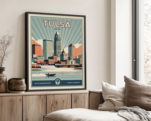 Framed retro poster of Tulsa featuring city skyline and river in a minimalist design.
