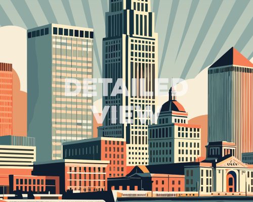 Illustration of a retro cityscape featuring tall buildings and a dome structure in Tulsa.