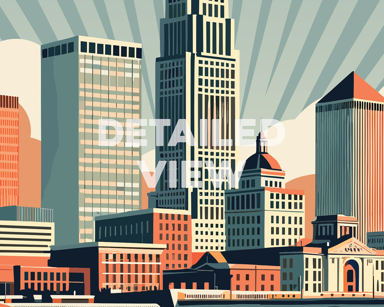 Illustration of a retro cityscape featuring tall buildings and a dome structure in Tulsa.