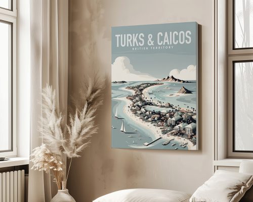 Illustrated travel poster of Turks and Caicos featuring coastal scenery and buildings.