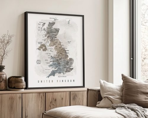 Detailed map of the United Kingdom showing regions and cities in a neutral color palette.