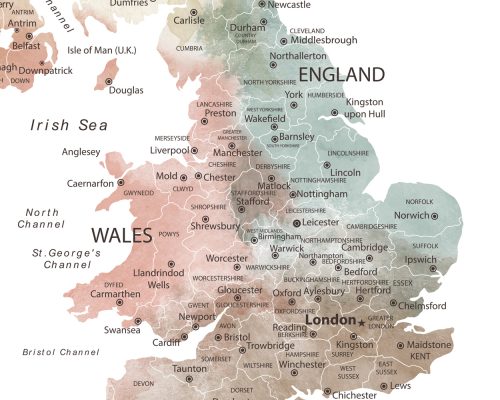 Detailed map of the United Kingdom showing regions, cities, and geographical features in a muted color palette.