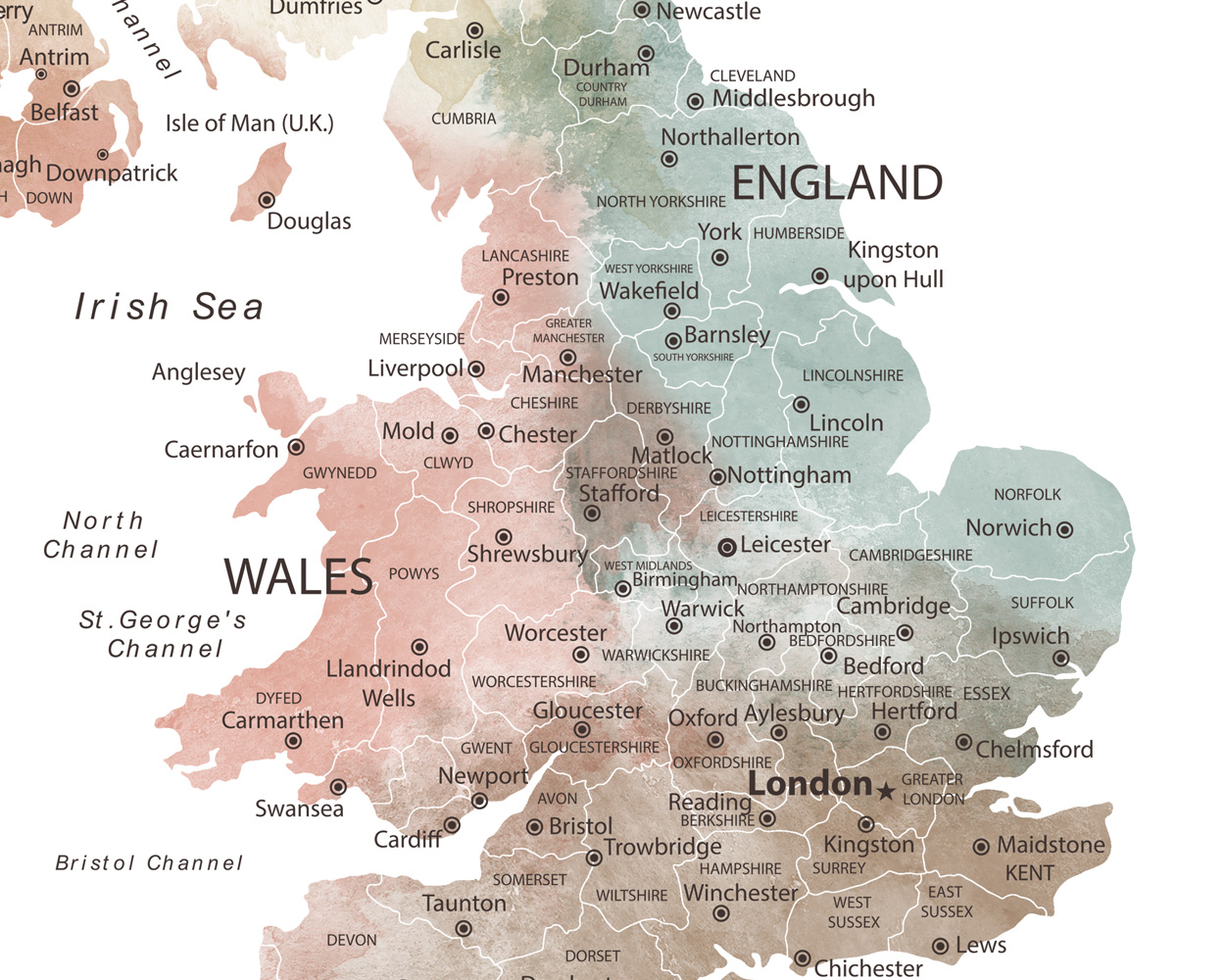 Detailed map of the United Kingdom showing regions, cities, and geographical features in a muted color palette.