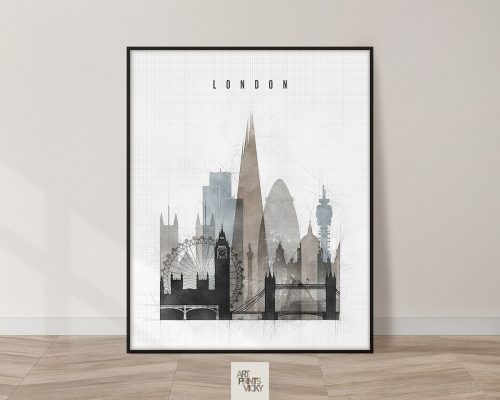 Art print featuring a stylized cityscape of London with iconic landmarks like the Shard and London Eye.