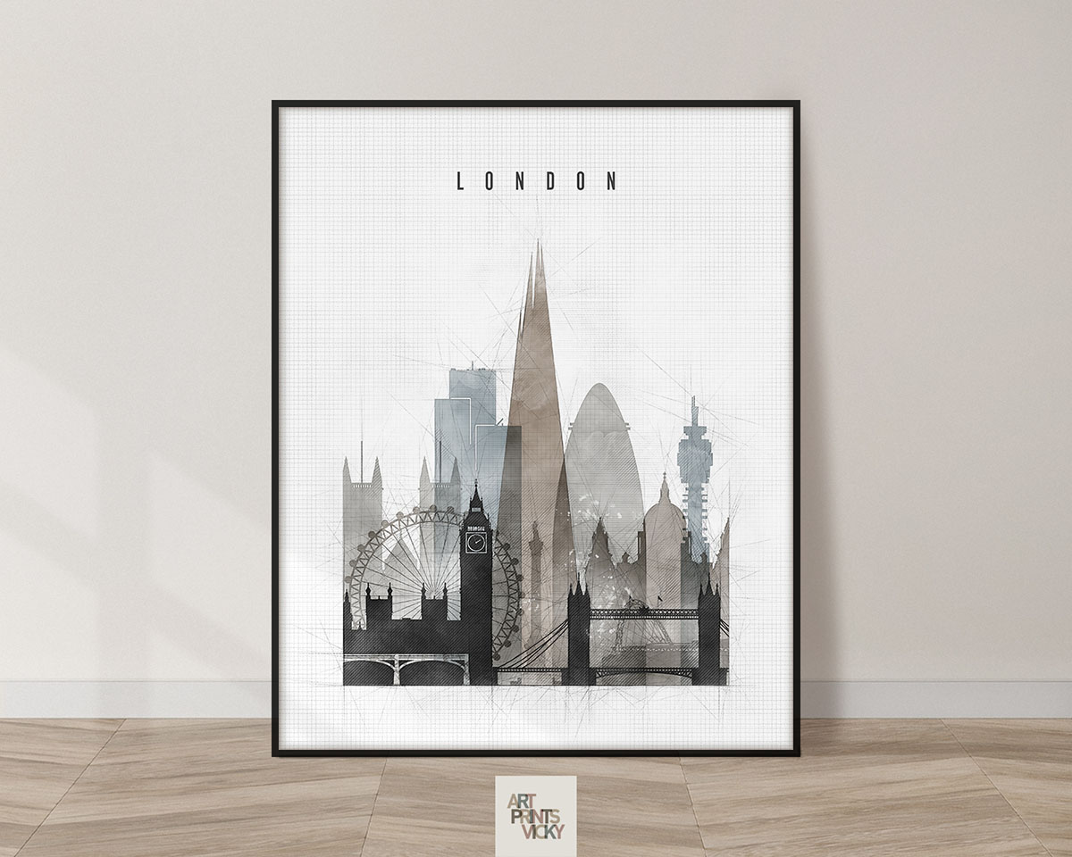 Art print featuring a stylized cityscape of London with iconic landmarks like the Shard and London Eye.