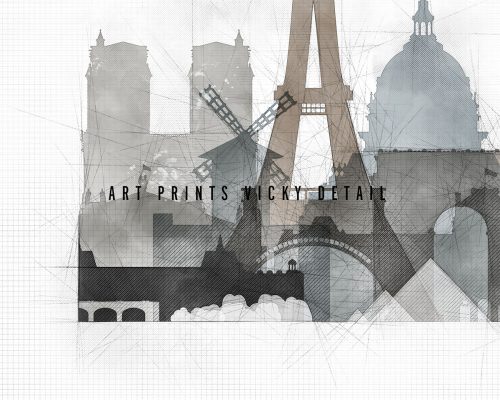 Artistic illustration featuring iconic landmarks including a windmill and the Eiffel Tower.