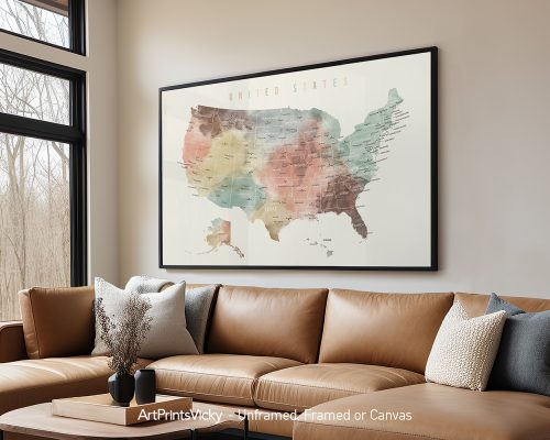 Map of the United States in pastel colors with state borders and names labeled.