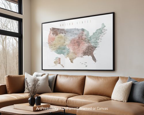Map of the United States in pastel colors with state names and borders clearly marked.