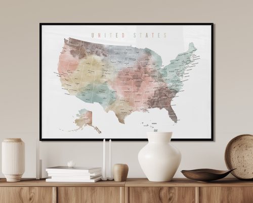 Map of the United States in pastel colors with state names and borders clearly marked.