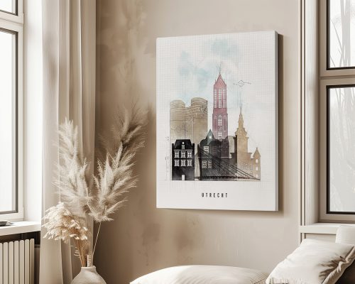 Artistic representation of Utrecht featuring buildings and a tower in soft colors.