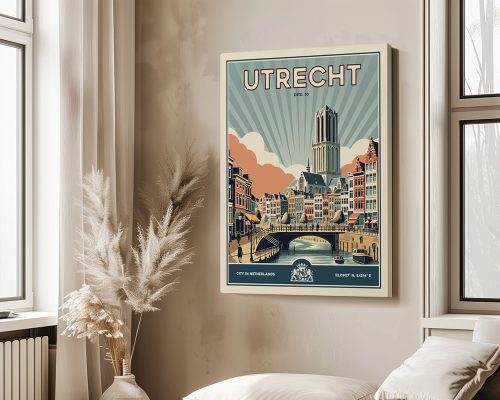 Retro-style poster featuring a view of Utrecht with a canal and tower in the background.