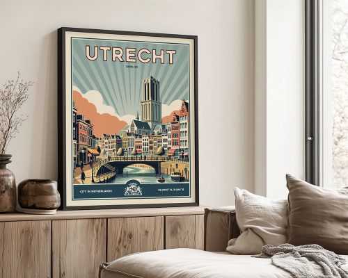Illustrative poster of Utrecht featuring buildings and a canal with a tower in the background.