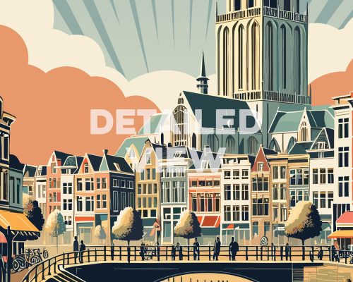 Illustration of a retro cityscape in Utrecht featuring buildings and a canal.