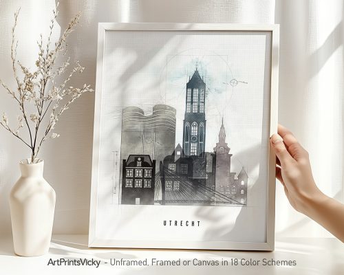 Framed artwork depicting a cityscape of Utrecht with buildings and a clock tower.
