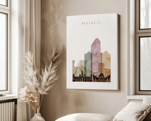 Art print featuring a stylized cityscape of Valencia with various architectural elements.