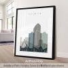 Framed artwork featuring a stylized cityscape of Valencia with notable buildings.