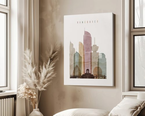 Art print of Vancouver's skyline featuring various buildings in pastel colors.
