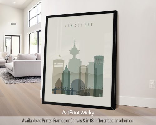 Framed print of a cityscape featuring Vancouver's skyline and landmarks in muted colors.