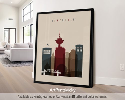 Art print of Vancouver city skyline featuring prominent buildings and landmarks in a minimalist style.