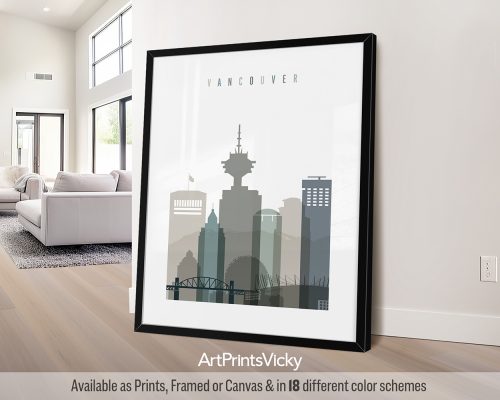 Art print featuring a stylized silhouette of Vancouver's skyline with notable buildings.
