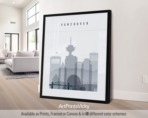 Framed print of the Vancouver city skyline featuring iconic buildings and landmarks.