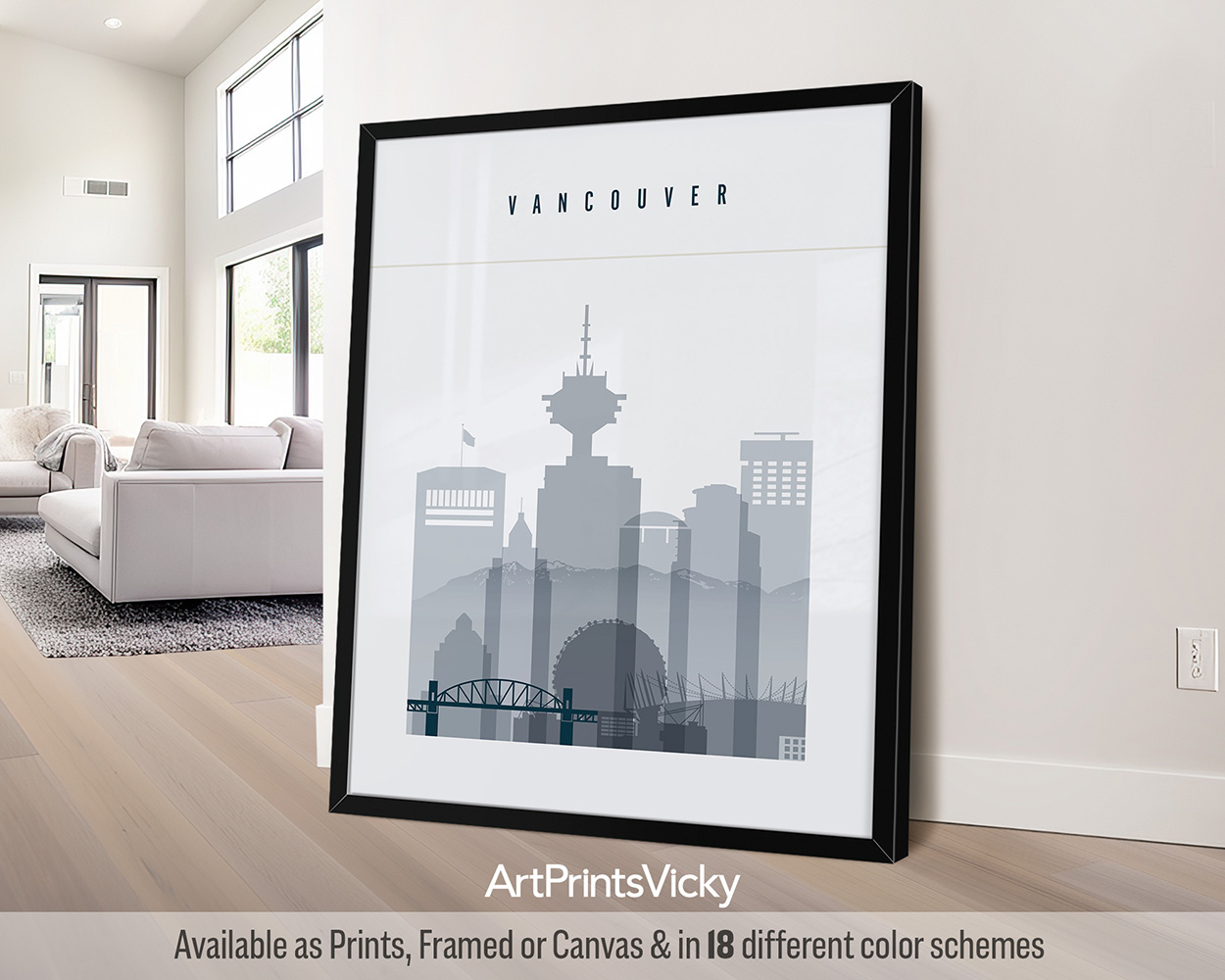 Framed print of the Vancouver city skyline featuring iconic buildings and landmarks.