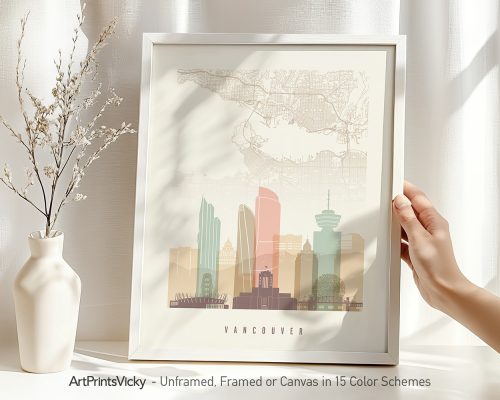Art print of Vancouver city map with stylized buildings and landmarks in soft colors.