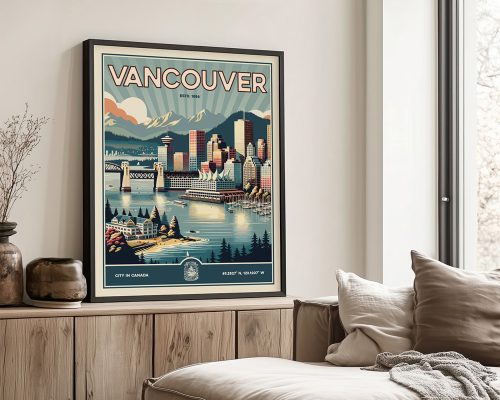 Retro-style poster of Vancouver featuring city skyline and mountains in the background.