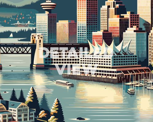 Retro-style illustration of Vancouver's skyline featuring buildings and water.