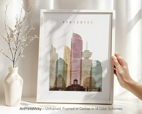 Art print of Vancouver cityscape featuring various buildings and landmarks in muted colors.