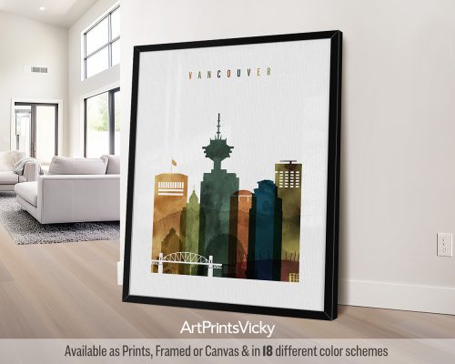 Art print featuring a stylized cityscape of Vancouver with prominent buildings and a bridge.
