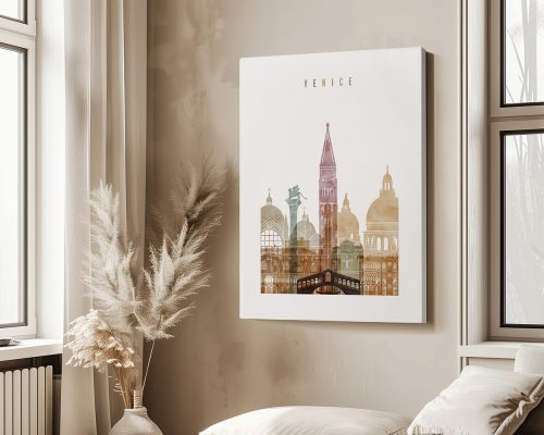 Art print featuring a stylized cityscape of Venice with notable architectural elements.