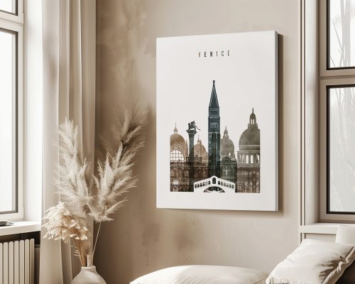 Art print featuring a stylized cityscape of Venice with notable landmarks and architecture.