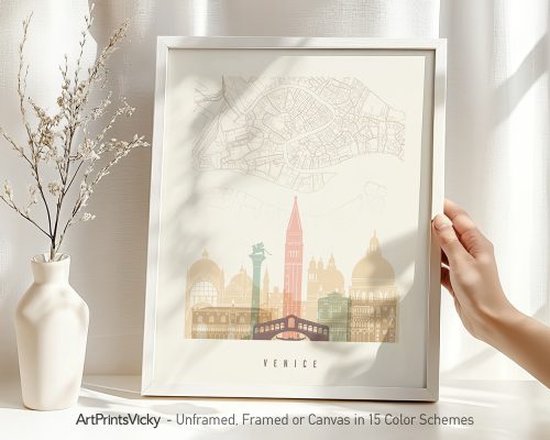 Stylized map of Venice with prominent landmarks and a color palette featuring soft tones.