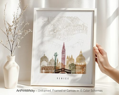 Art print of a Venice city map featuring prominent landmarks and architectural details.