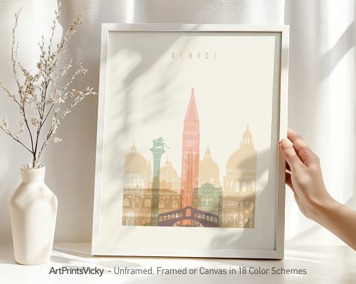 Art print of a stylized Venice cityscape featuring iconic buildings and a bridge.