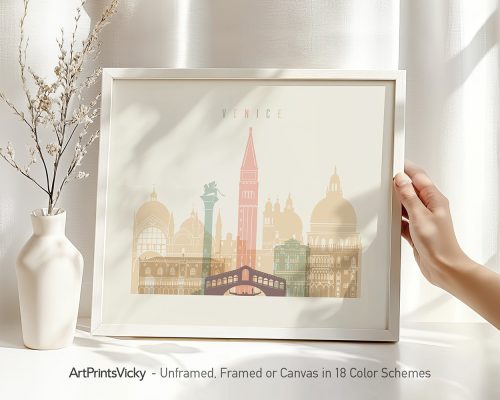 Art print featuring a stylized cityscape of Venice with notable landmarks in soft colors.