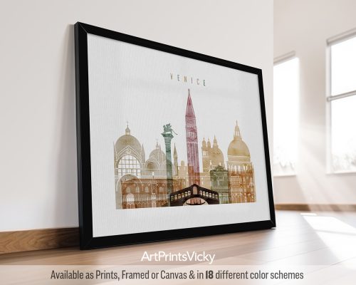 Art print featuring a stylized cityscape of Venice with notable landmarks and a bridge.