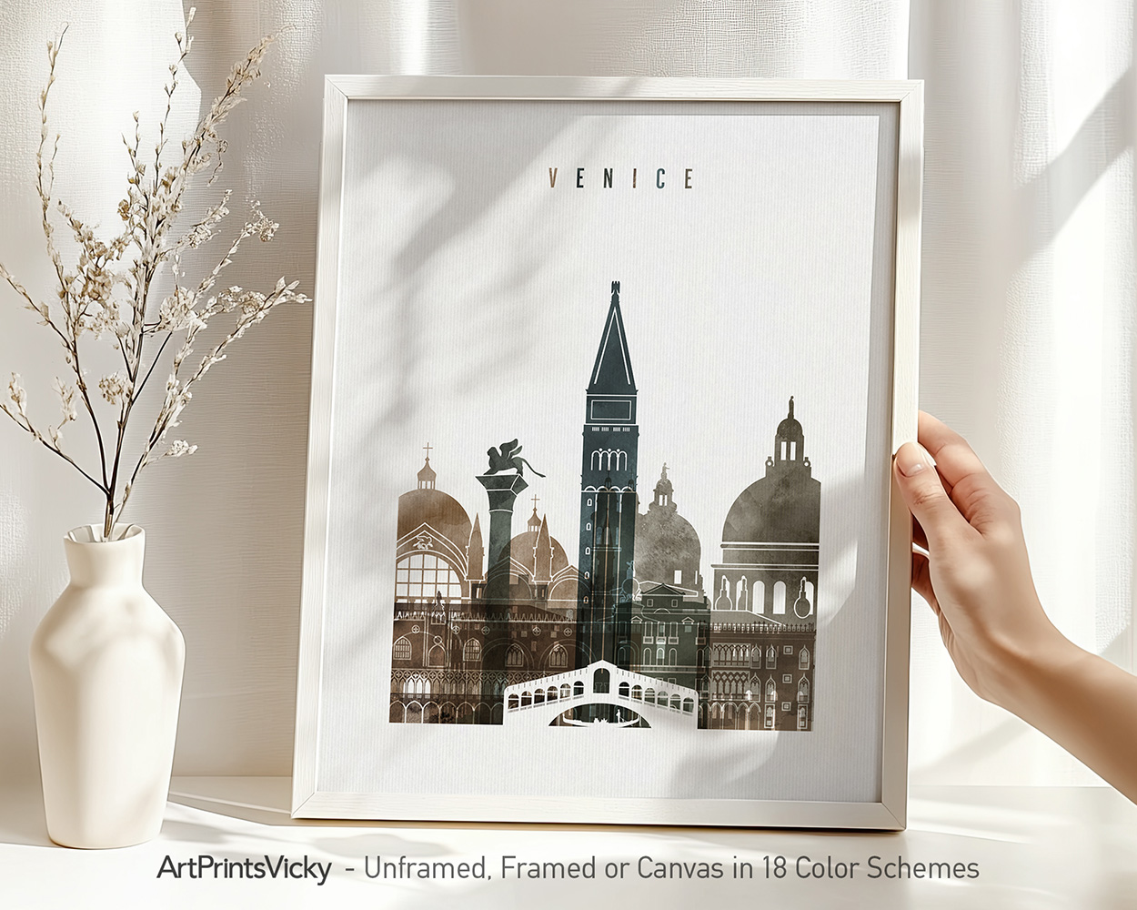 Framed artwork depicting a cityscape of Venice with notable architectural features.