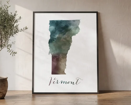 Vermont Charm Watercolor Map Wall Art | ArtPrintsVicky