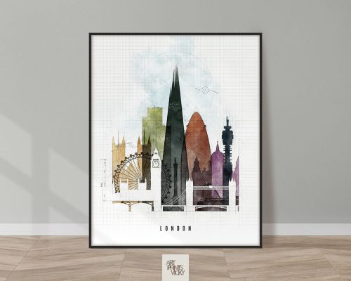 Art print featuring a stylized cityscape of London with notable landmarks and a grid background.