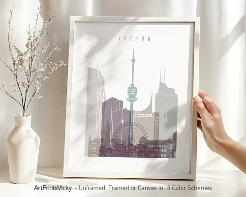 Art print of Vienna featuring iconic buildings and structures in a minimalist design.
