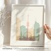 Art print of Vienna featuring iconic buildings and a ferris wheel in soft colors.