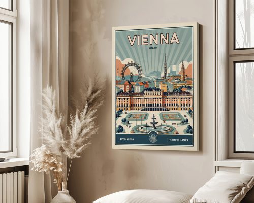 Retro art print of Vienna featuring landmarks like the Ferris wheel and city skyline.