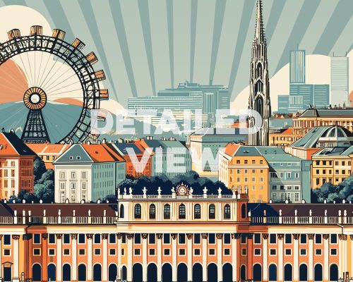 Illustration of a retro cityscape of Vienna featuring buildings and a Ferris wheel.