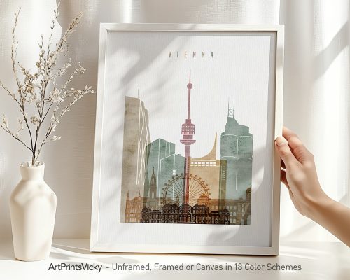 Art print featuring a stylized cityscape of Vienna with notable buildings and landmarks.